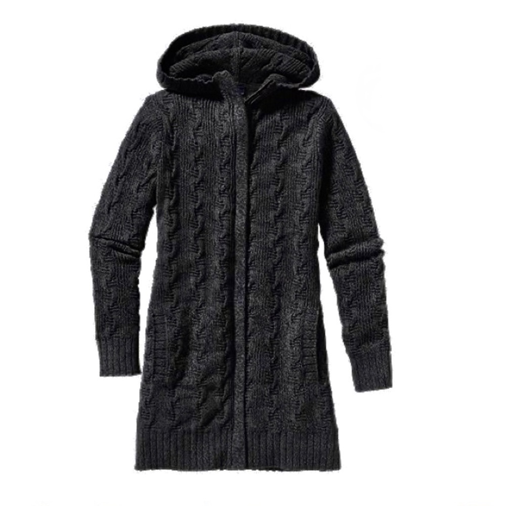 Patagonia Cable Knit Long Zip Up Sweater Jacket Merino Wool Charcoal Gray